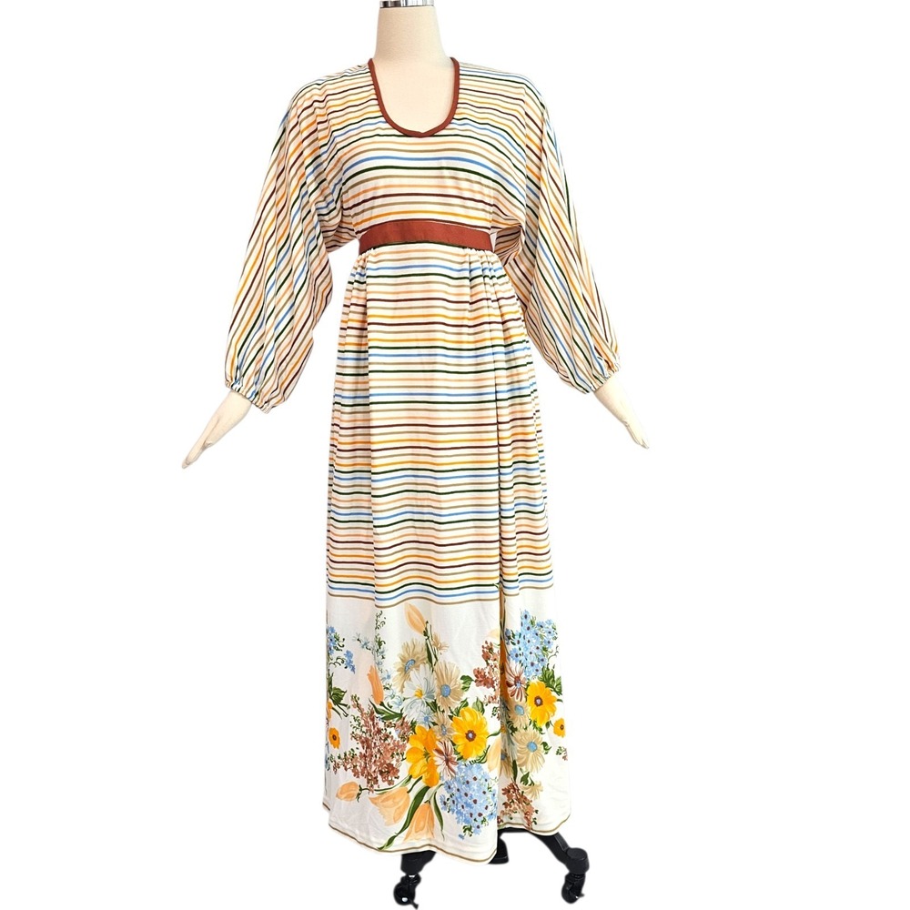 Vintage 1970s Dress Neiman Marcus Maxi Floor Length Striped Dolman Sleeve - Picture 2 of 16